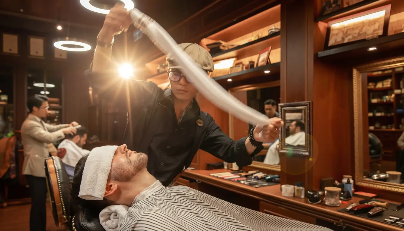 Barber performing a hot towel shave at Barbaard